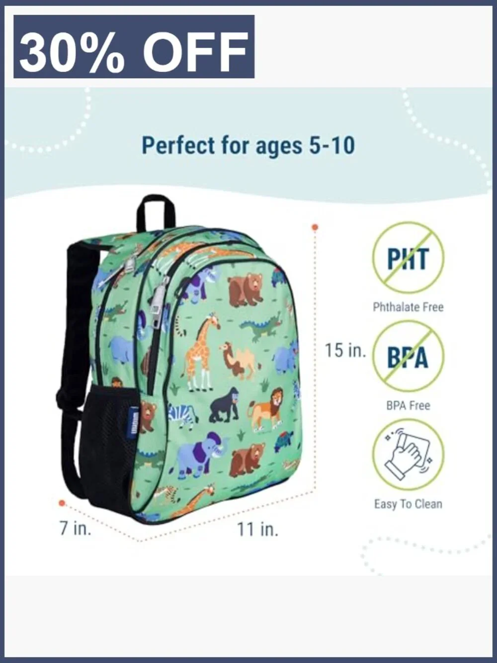 15-Inch Kids Backpack with Padded Straps & Water Bottle Pocket